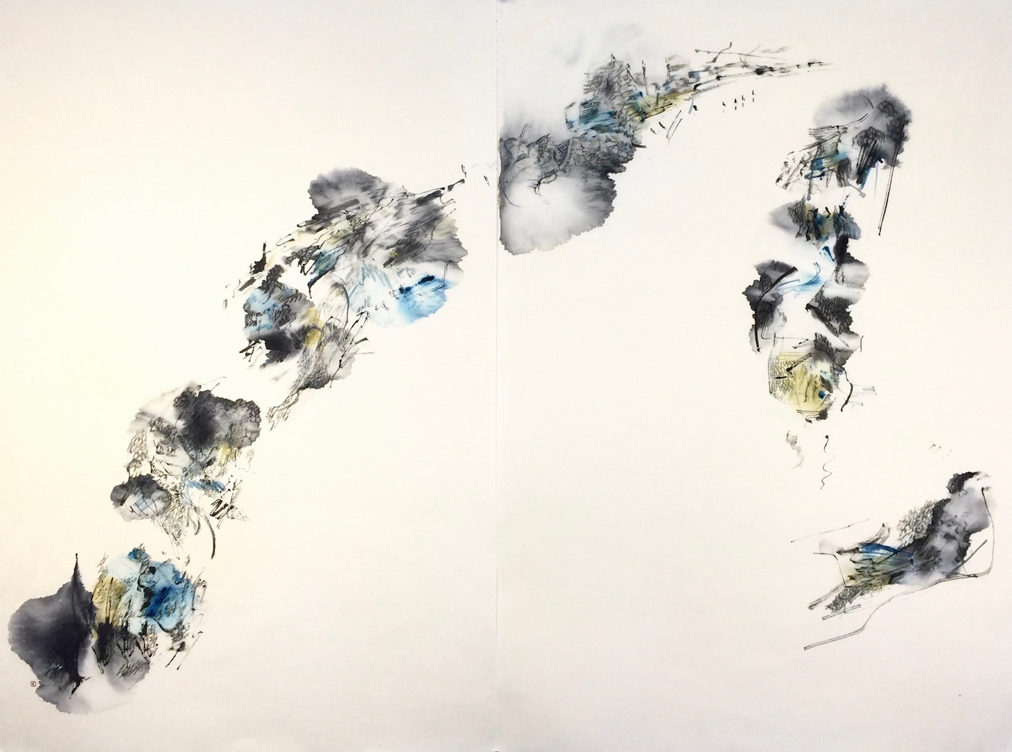 Lines open up 4 開く線 4 73 x 100 cm Sumi ink, water colour, acrylic 墨、水彩、アクリル 2021