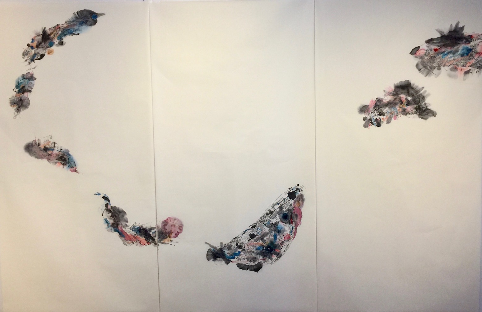 Opening up lines in space 3 空間に線を開く 3 138 cms x 70 cms x 3 Sumi ink, acrylic, water colour, 墨水彩絵具、アクリル2021